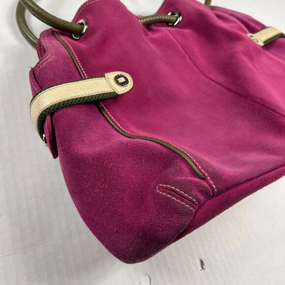 Cole Haan Fuchsia Suede Shoulder Bag Olive Trim Leather Strap Boho Slouchy Tote - Picture 3 of 14